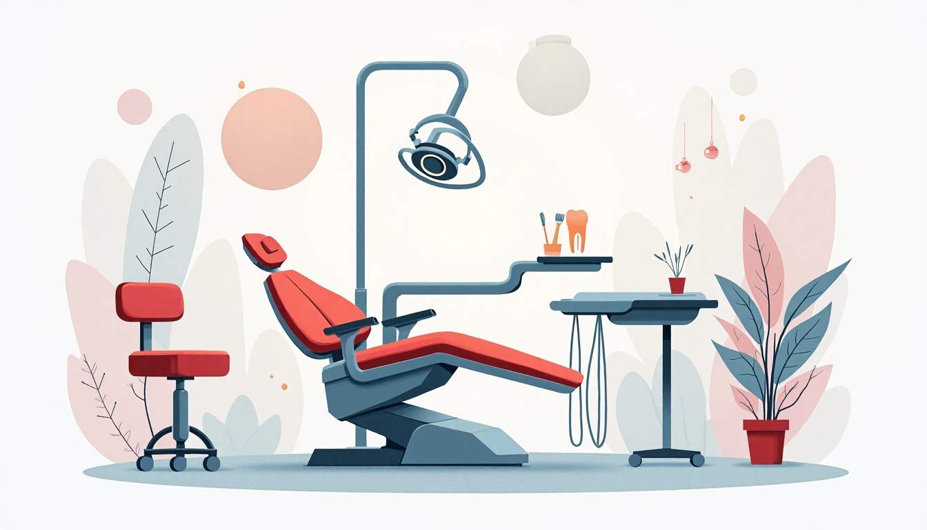 a dental clinic scene featuring a dental chair, surgical tools, and a serene environment with calming colors, emphasizing a sense of safety and professionalism in the wisdom teeth removal process, hand-drawn abstract illustration for a company blog, white background, professional, minimalist, clean lines, faded colors