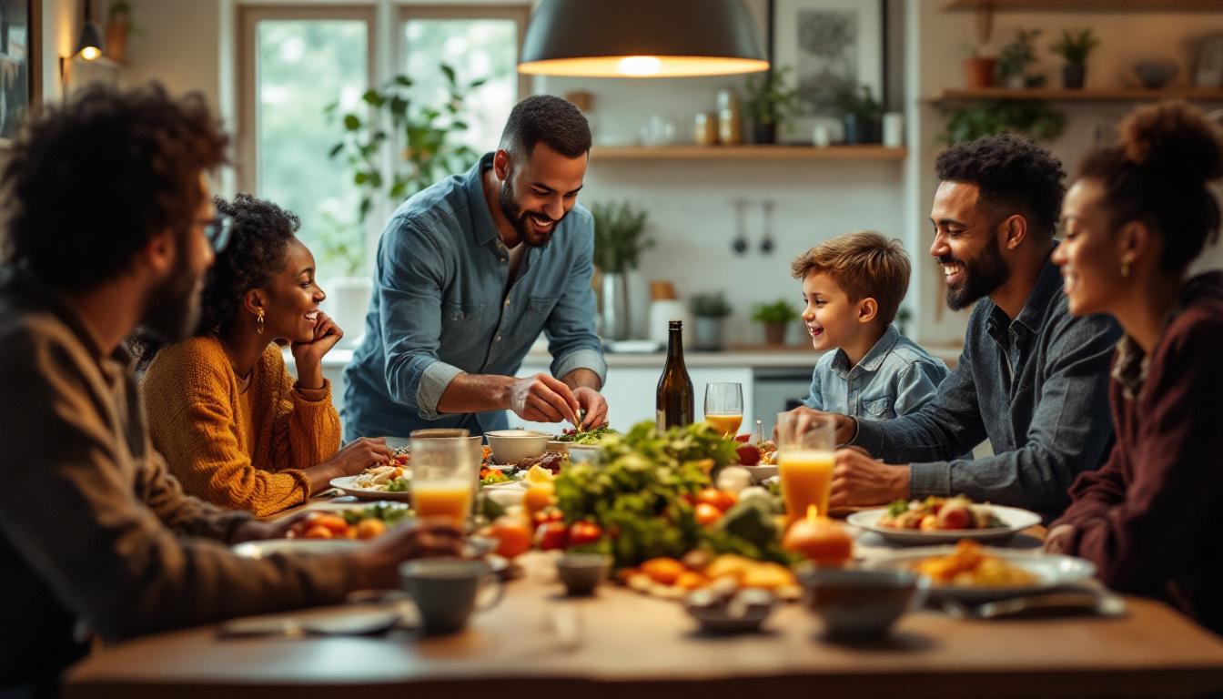En familie samlet rundt et stort middagsbord i et varmt og koselig hjem, hvor både voksne og barn smiler, prater og nyter et felles måltid under et hyggelig familieselskap.