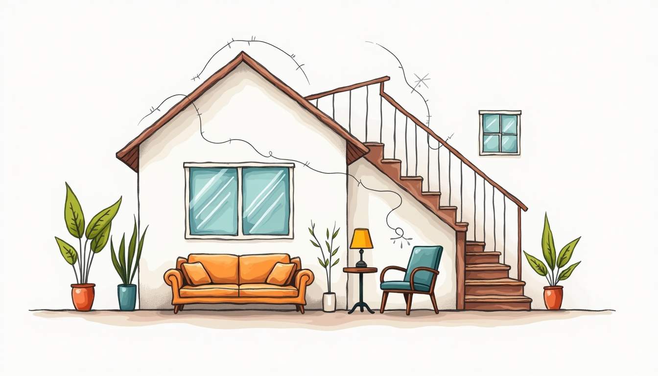an inviting home interior with visible areas in need of repair, such as a leaky faucet, a cracked window, and a loose stair railing, all connected by a visual flow that emphasizes the importance of timely maintenance for overall safety, hand-drawn abstract illustration for a company blog, white background, professional, minimalist, clean lines, faded colors