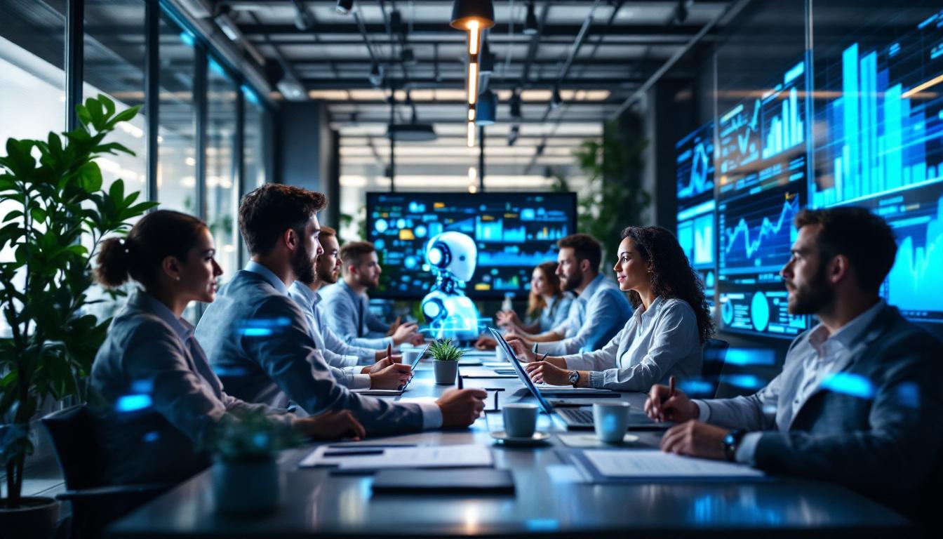 Bedriftsteam i møte der kunstig intelligens og data brukes aktivt i beslutningsprosesser