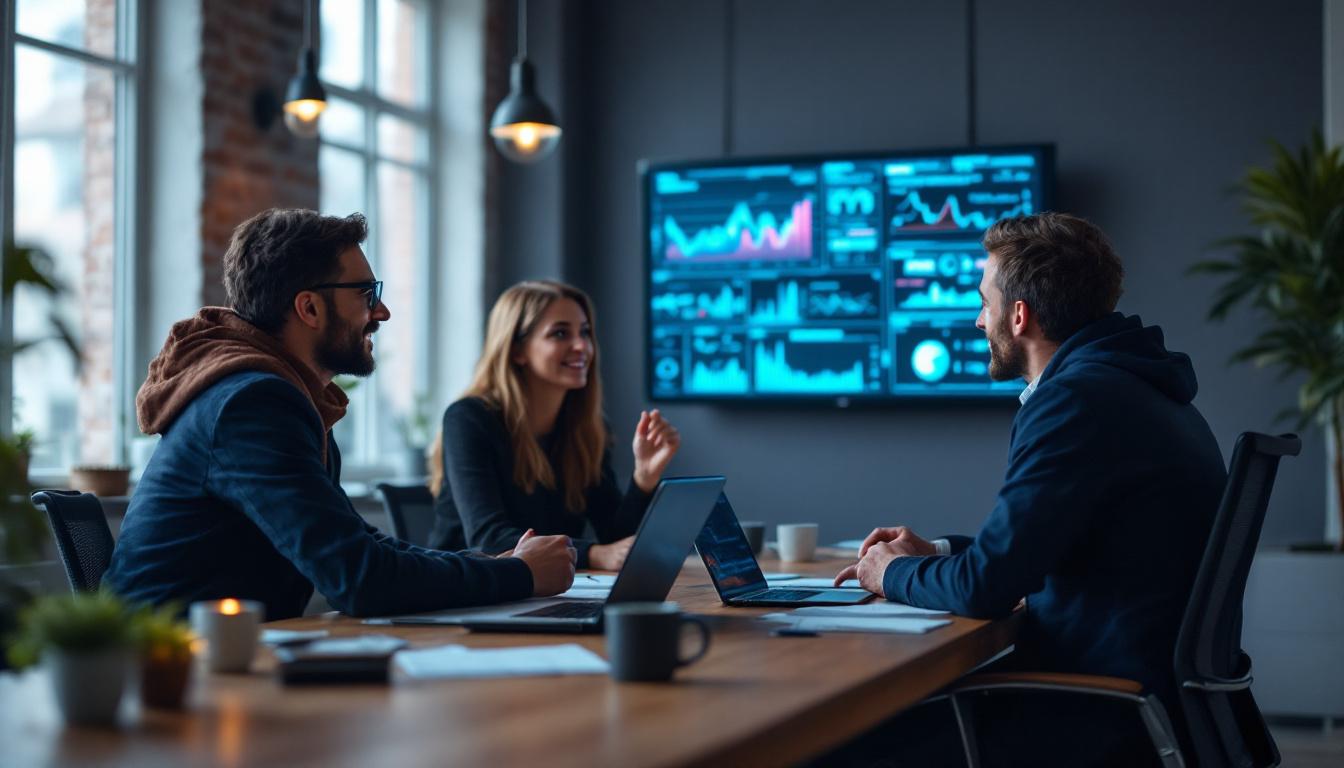 Kollegaer som analyserer komplekse AI/KI-problemer og datatrender i et moderne møterom.