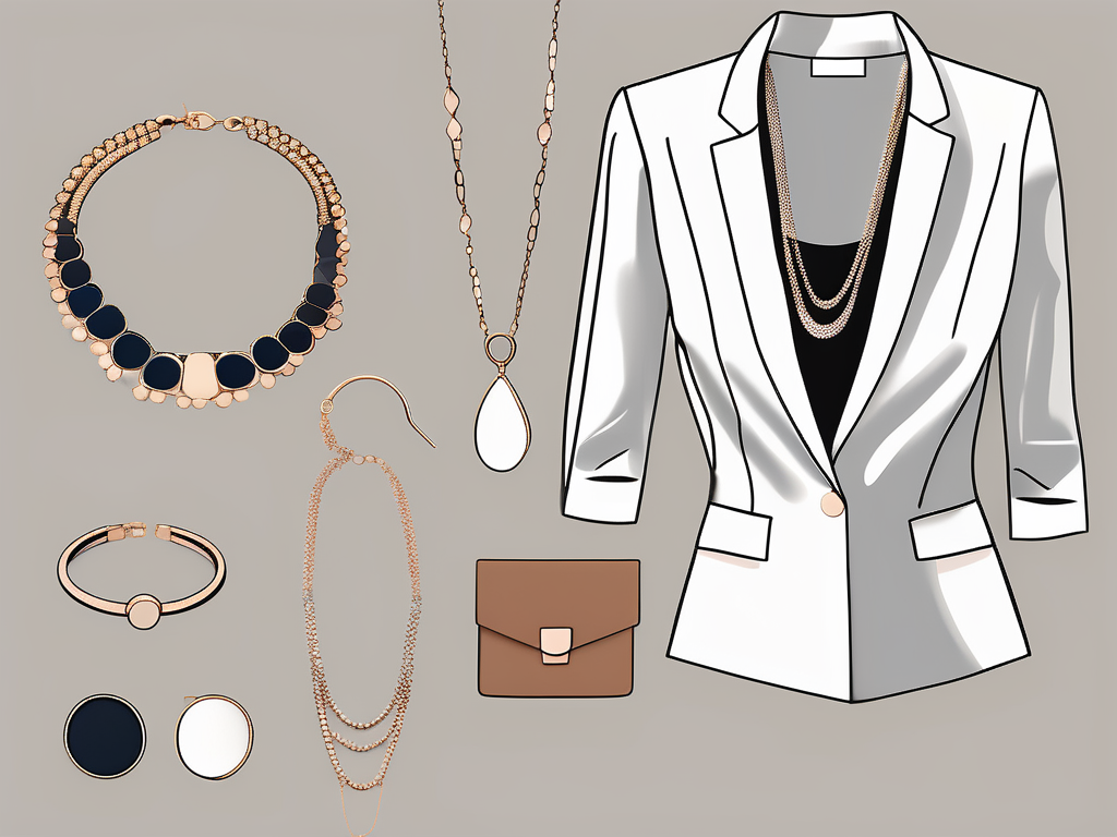 various pieces of ready-to-wear jewelry, such as a necklace, earrings, and a bracelet, elegantly draped over a professional outfit like a blazer and a pencil skirt, hand-drawn abstract illustration for a company blog, white background, professional, minimalist, clean lines, faded colors