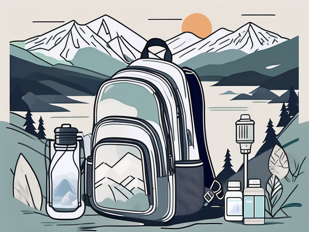 a backpack with eco-friendly travel items like a reusable water bottle, solar-powered lantern, and biodegradable toiletries, set against a backdrop of a pristine mountain landscape, hand-drawn abstract illustration for a company blog, white background, professional, minimalist, clean lines, faded colors