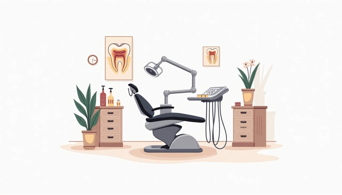 a dental clinic setting featuring a dental chair, tools for wisdom teeth extraction, and a diagram of a tooth highlighting the impacted wisdom teeth, all surrounded by a calming color palette to convey a sense of professionalism and care, hand-drawn abstract illustration for a company blog, white background, professional, minimalist, clean lines, faded colors