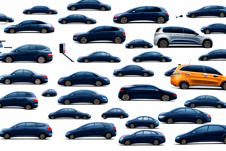 various sizes of rental cars ranging from compact to SUV, each marked with different types of luggage to indicate capacity, all lined up in a rental car lot, hand-drawn abstract illustration for a company blog, in style of corporate memphis, faded colors, white background, professional, minimalist, clean lines