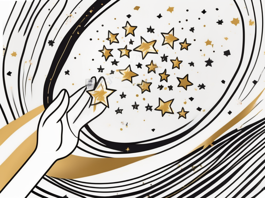 a magnet attracting golden stars, symbolizing the attraction and retention of customers through rewards, hand-drawn abstract illustration for a company blog, white background, professional, minimalist, clean lines, black and white