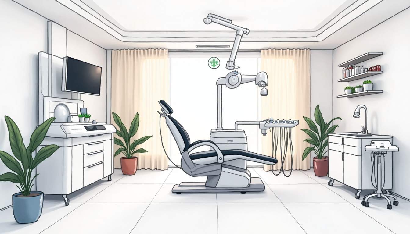 an advanced dental clinic interior featuring cutting-edge equipment like a digital X-ray machine, a 3D printer for dental implants, and a sleek treatment chair, all set against a backdrop of modern design elements and soothing colors to convey a sense of innovation and comfort in dental care, hand-drawn abstract illustration for a company blog, white background, professional, minimalist, clean lines, faded colors