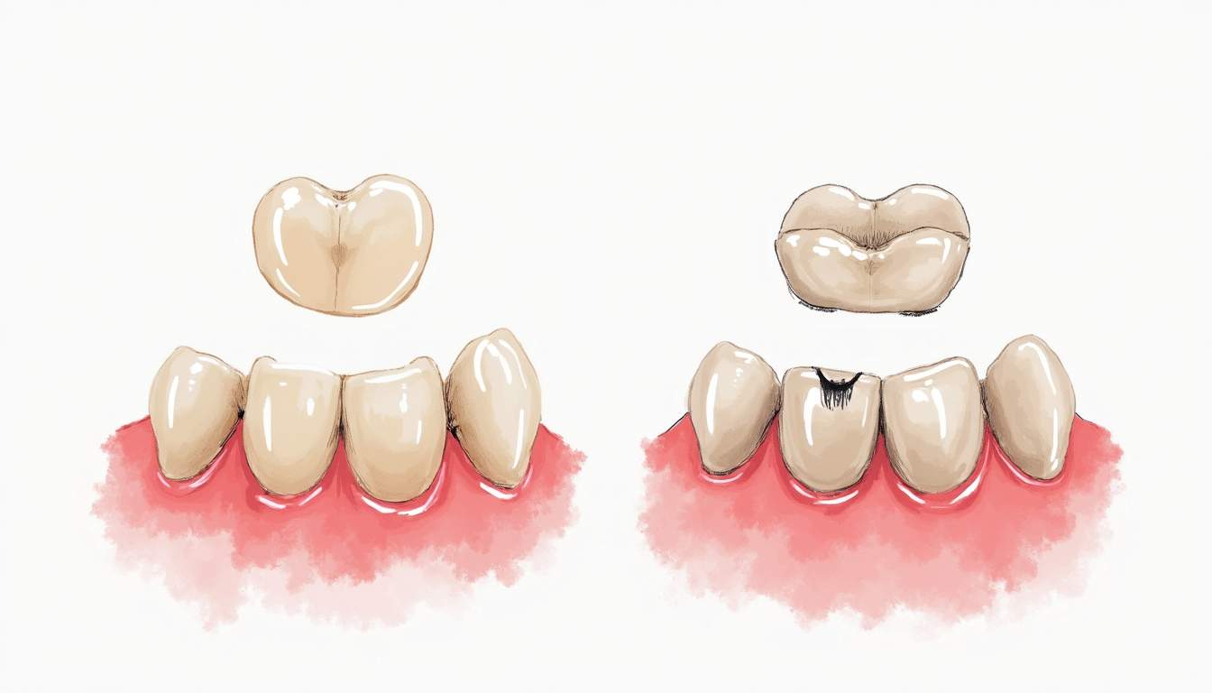 an artistic representation of a set of dental veneers alongside a before-and-after comparison of a chipped and stained tooth, highlighting the transformation and enhancement in appearance, hand-drawn abstract illustration for a company blog, white background, professional, minimalist, clean lines, faded colors
