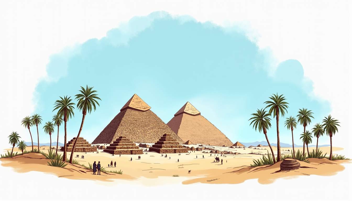 an iconic Egyptian landscape featuring the Pyramids of Giza under a clear blue sky, with a backdrop of palm trees and a subtle hint of bustling market activity in the foreground to convey the vibrant culture and atmosphere of Egypt, hand-drawn abstract illustration for a company blog, white background, professional, minimalist, clean lines, faded colors