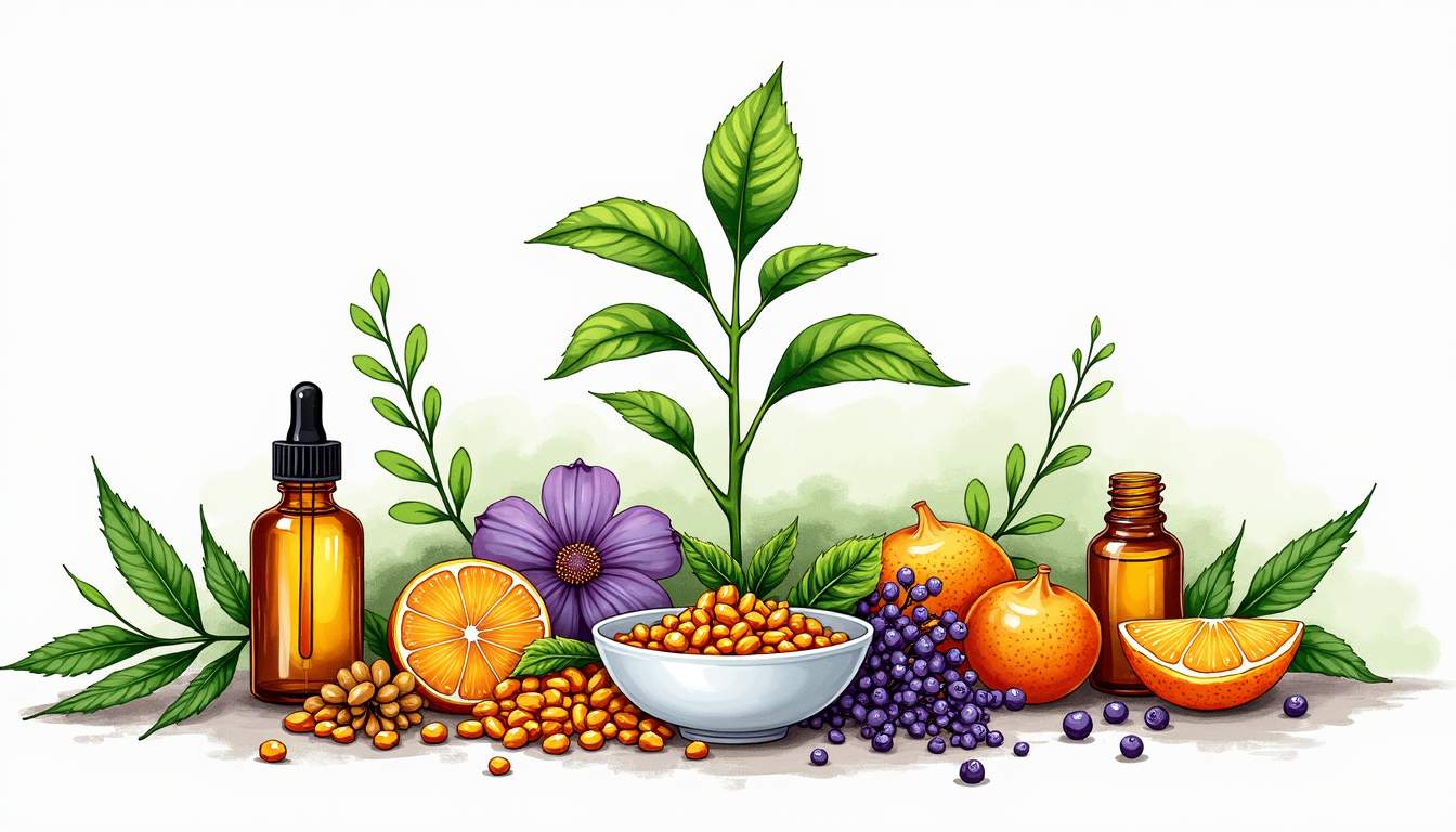 a vibrant and detailed representation of various hair care products and natural remedies, such as essential oils, vitamins, and herbal ingredients, arranged around a healthy, lush plant symbolizing hair growth and vitality, hand-drawn abstract illustration for a company blog, white background, professional, minimalist, clean lines, faded colors