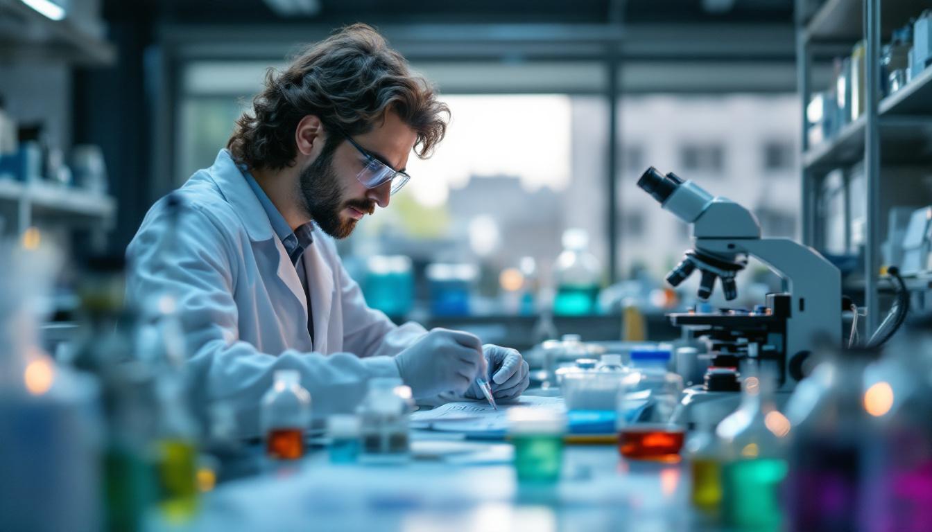 a photograph of a scientist in a lab coat working intently in a modern laboratory, surrounded by vials, microscopes, and charts, symbolizing innovation and progress in biotechnology research and development, photographic, realistic, for a startup's blog, low saturation, life-like realistic soft lighting 4k sigma 50mm f2.8