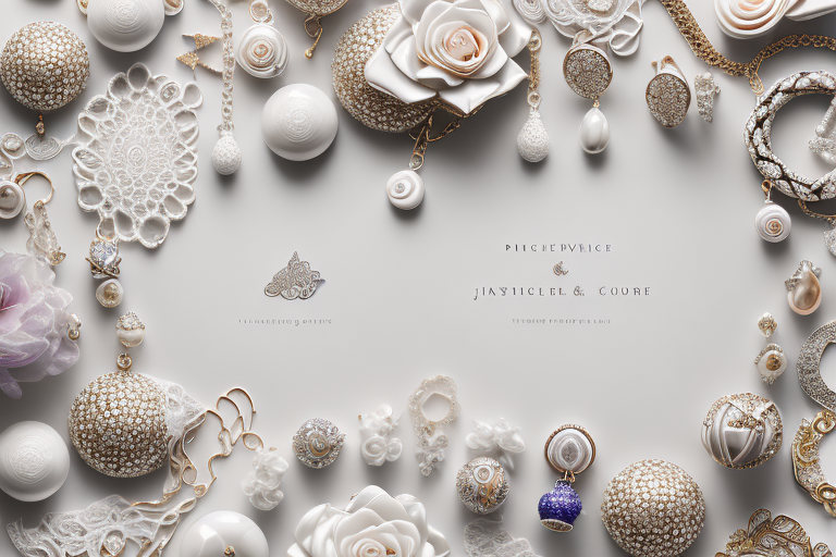 a variety of porcelain jewelry pieces such as earrings, necklaces, and bracelets, artfully arranged on a backdrop of elegant wedding accessories like a lace veil, satin shoes, and a bouquet of flowers, hand-drawn abstract illustration for a company blog, in style of corporate memphis, faded colors, white background, professional, minimalist, clean lines