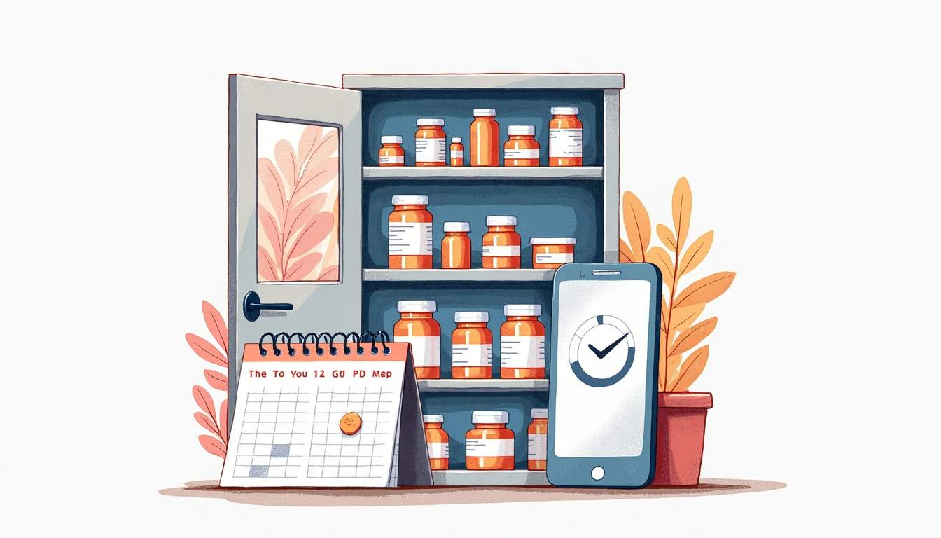 an organized medicine cabinet filled with various prescription bottles, a calendar marked with refill dates, and a smartphone displaying a reminder notification for auto refill, hand-drawn abstract illustration for a company blog, white background, professional, minimalist, clean lines, faded colors