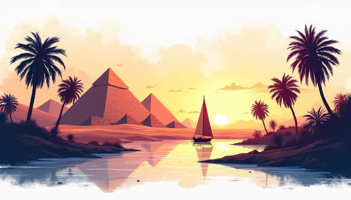 an enchanting landscape featuring the iconic Pyramids of Giza in the foreground, a serene Nile River with a traditional felucca sailboat gliding across the water, and lush palm trees framing the scene, all under a vibrant sunset sky, hand-drawn abstract illustration for a company blog, white background, professional, minimalist, clean lines, faded colors