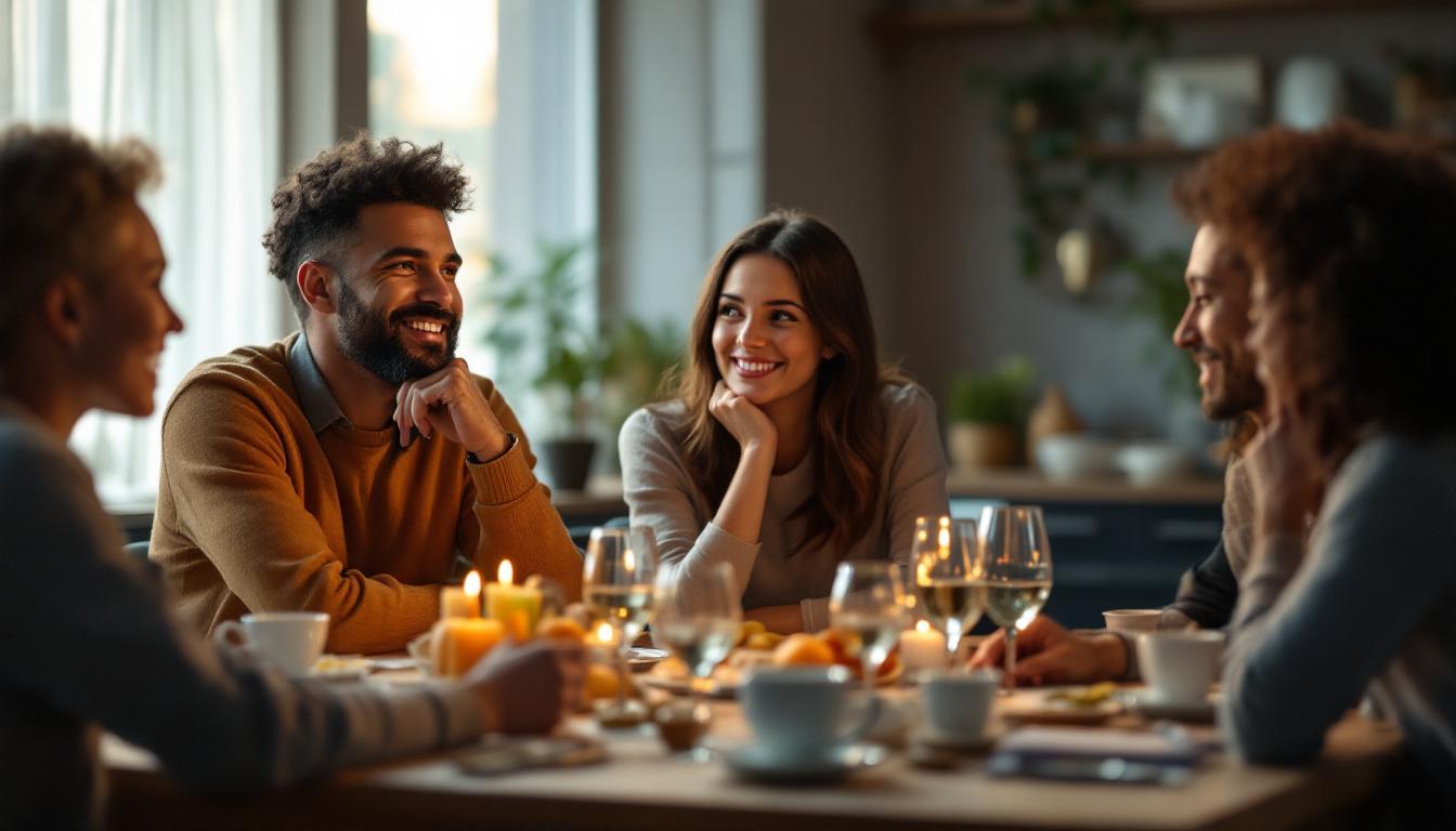En liten gruppe venner og familie sitter rundt et hyggelig, opplyst middagsbord, smiler og prater sammen mens stearinlys og god mat skaper en varm og intim stemning.