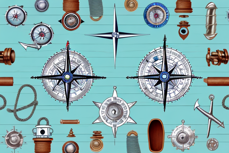 various essential sailing hardware such as a compass, anchor, cleats, winches, and ropes, all arranged on a wooden deck with a backdrop of the ocean and a sailboat in the distance, hand-drawn abstract illustration for a company blog, in style of corporate memphis, faded colors, white background, professional, minimalist, clean lines