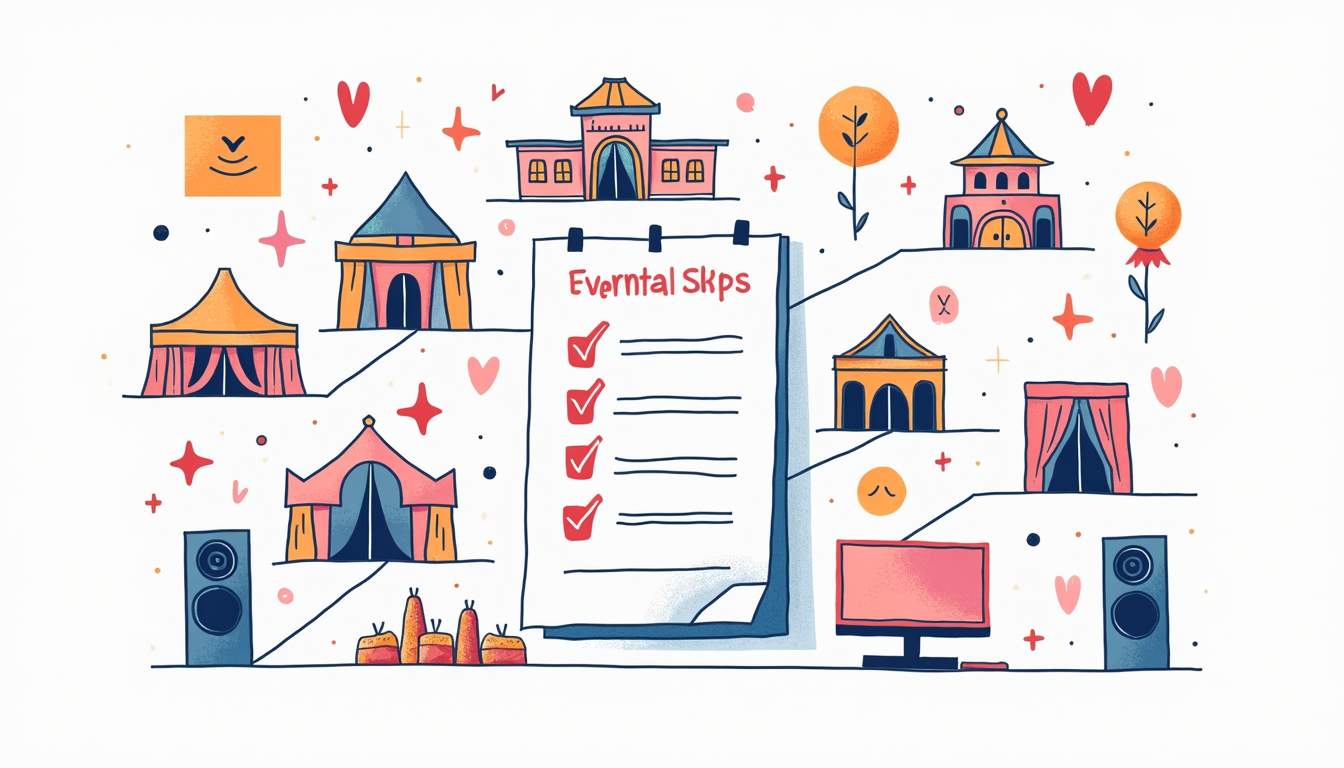 an organized event planning checklist with colorful icons representing various elements such as a calendar, venue, decorations, catering, and a sound system, all arranged in a visually appealing layout that conveys a sense of efficiency and readiness, hand-drawn abstract illustration for a company blog, white background, professional, minimalist, clean lines, faded colors