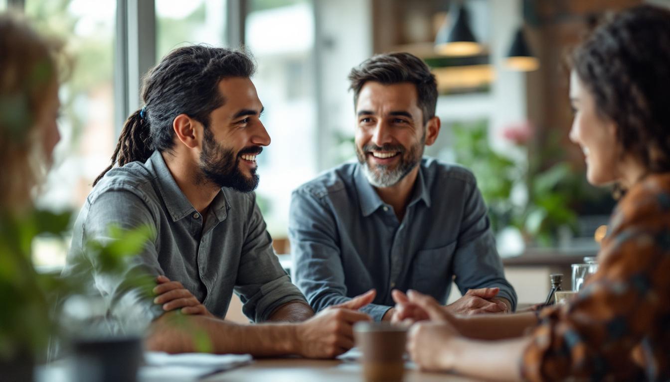 Fire familiemedlemmer sitter rundt et bord og prater og ler sammen i en koselig, avslappet setting under et familieselskap.
