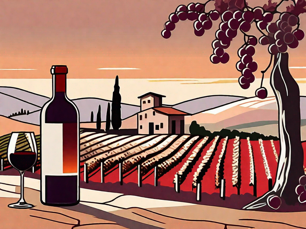 a rustic Italian vineyard with rows of grape vines, a traditional stone farmhouse in the background, and a wine bottle with a glass filled with red wine in the foreground, all under a Tuscan sunset, hand-drawn abstract illustration for a company blog, white background, professional, minimalist, clean lines, faded colors
