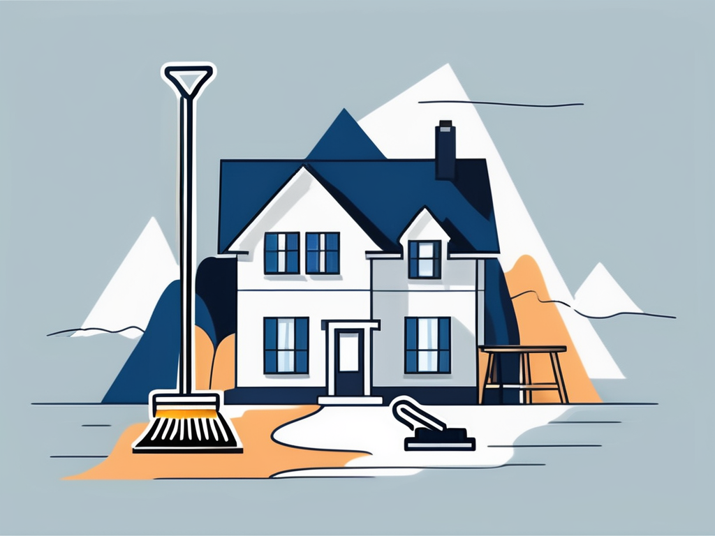 a pristine, sparkling clean home with a backdrop of Mount Airy, along with a few cleaning tools like a mop, broom, and bucket, hand-drawn abstract illustration for a company blog, white background, professional, minimalist, clean lines, deep blue and slate a pristine, sparkling clean home with a backdrop of Mount Airy, along with a few cleaning tools like a mop, broom, and bucket, hand-drawn abstract illustration for a company blog, white background, professional, minimalist, clean lines, deep blue and slate