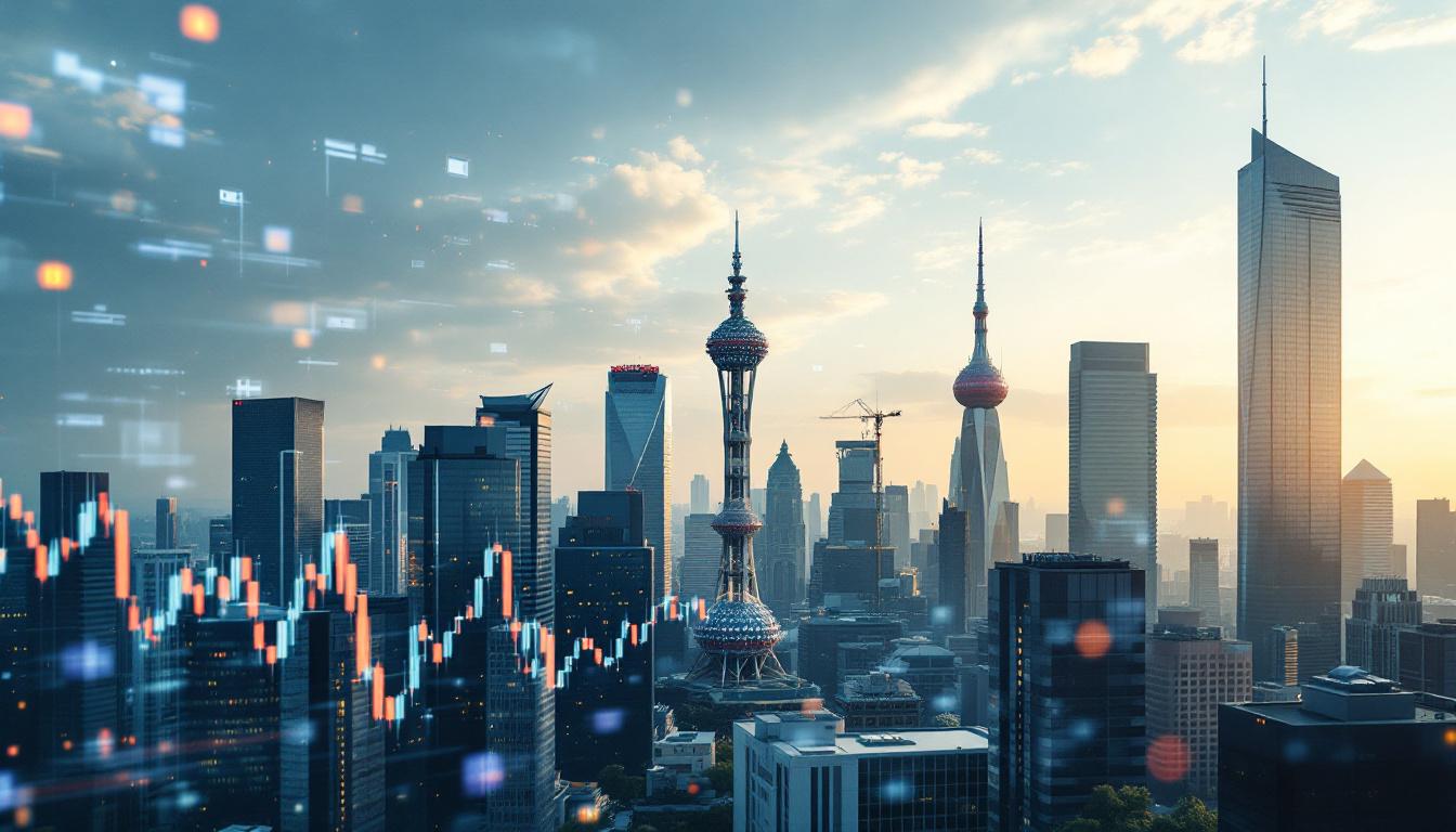 a photograph of a dynamic urban skyline with a focus on modern architecture, symbolizing growth and innovation, while incorporating elements that represent the finance and investment sector, such as stock market charts or financial documents, to reflect the themes of development and investment in the article, photographic, realistic, for a startup's blog, low saturation, life-like realistic soft lighting 4k sigma 50mm f2.8