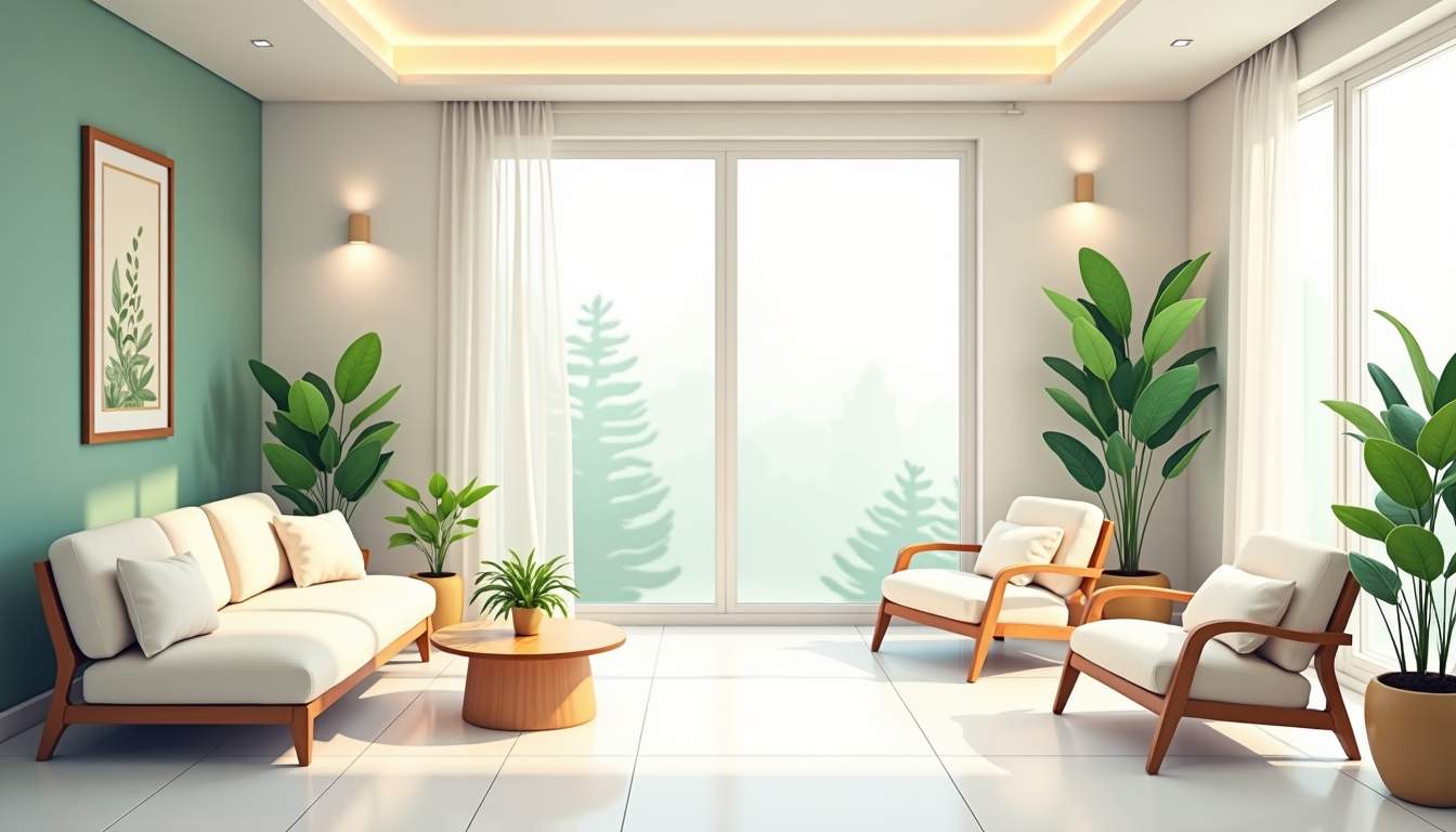 a serene clinic environment featuring elegant furnishings, soft ambient lighting, and lush greenery, creating a tranquil atmosphere that embodies luxury and comfort, hand-drawn abstract illustration for a company blog, white background, professional, minimalist, clean lines, faded colors