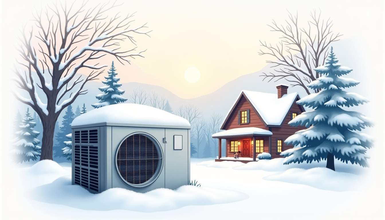 a cozy winter scene featuring a dormant air conditioning unit covered in snow, surrounded by frosty trees and a warm, inviting home in the background, emphasizing the transition from winter to spring, hand-drawn abstract illustration for a company blog, white background, professional, minimalist, clean lines, faded colors