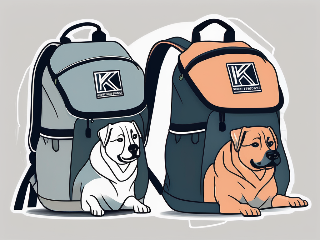 a small, chunky backpack next to a sleek, athletic K9 Sportsack, both designed for carrying dogs, with a playful dog peeking out from each, hand-drawn abstract illustration for a company blog, white background, professional, minimalist, clean lines, faded colors