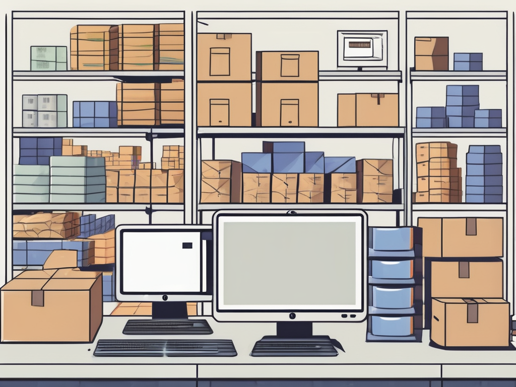 a computer screen displaying a colorful and organized inventory management system interface, surrounded by various items like boxes, warehouse shelves, a barcode scanner, and a delivery truck to represent efficient inventory planning, hand-drawn abstract illustration for a company blog, white background, professional, minimalist, clean lines, faded colors