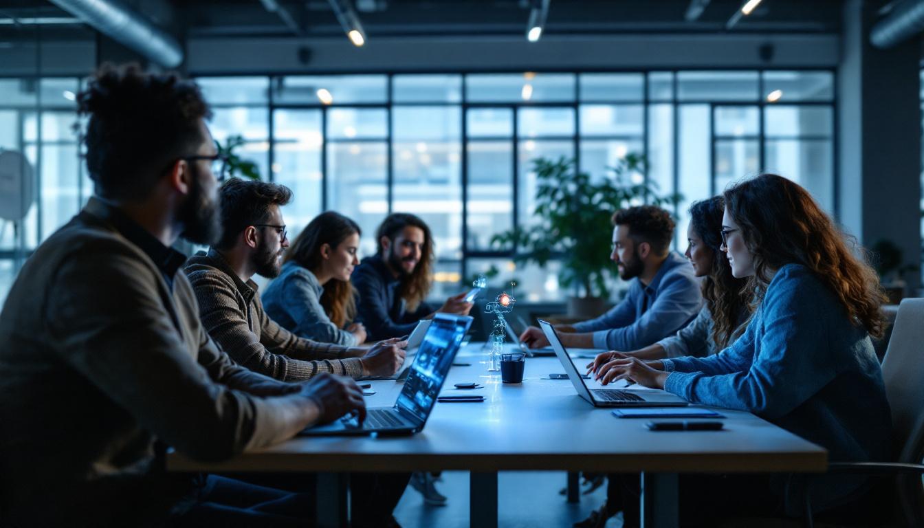 Team som jobber med digitale verktøy i et moderne møterom mens de planlegger implementering av AI i bedriften.