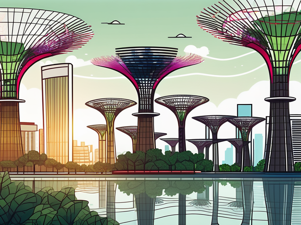 several distinct types of solar panels arranged in a sunny Singaporean landscape, showcasing recognizable landmarks like the Marina Bay Sands and the Supertree Grove, hand-drawn abstract illustration for a company blog, white background, professional, minimalist, clean lines, faded colors