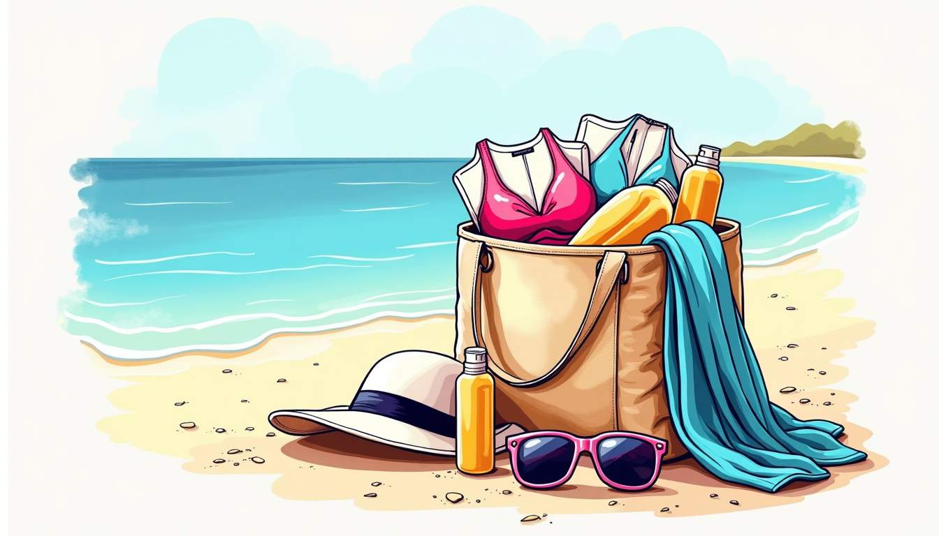 a stylish beach bag overflowing with vibrant, travel-friendly swimwear pieces, surrounded by travel essentials like sunscreen, sunglasses, and a beach towel, set against a sunny seaside backdrop, hand-drawn abstract illustration for a company blog, white background, professional, minimalist, clean lines, faded colors