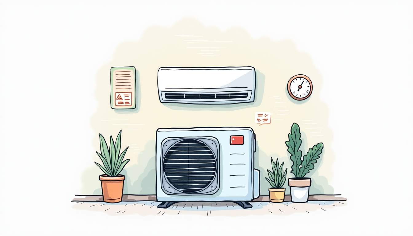 an air conditioning unit with visible indicators such as warning lights, gauges, and a thermometer, set against a backdrop of a home interior to emphasize the importance of monitoring its performance during emergencies, hand-drawn abstract illustration for a company blog, white background, professional, minimalist, clean lines, faded colors