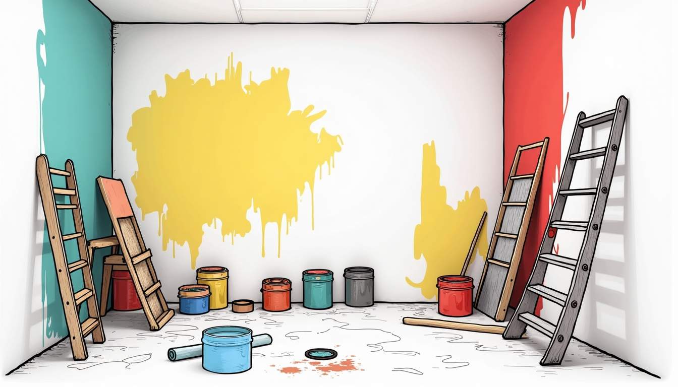 an urban condo interior featuring a wall being painted with vibrant colors, showcasing various paint tools, a ladder, and a partially finished mural that highlights the challenges of working in a compact space, hand-drawn abstract illustration for a company blog, white background, professional, minimalist, clean lines, faded colors