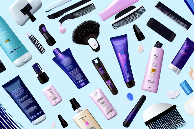various hair care products, like shampoo, conditioner, and serum, next to a hair straightener and a hairdryer, all set against a backdrop of shiny, healthy-looking hair strands, hand-drawn abstract illustration for a company blog, in style of corporate memphis, faded colors, white background, professional, minimalist, clean lines