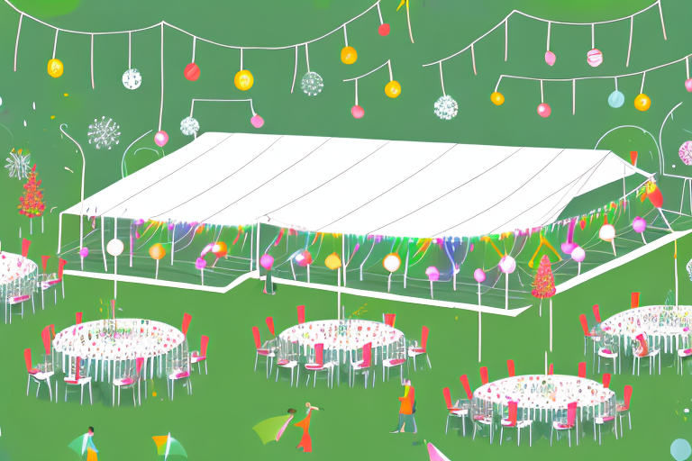 an outdoor gathering scene with various party rentals such as a decorated marquee, string lights, tables with festive tablecloths, chairs, and a dance floor, all set in a beautiful garden, hand-drawn abstract illustration for a company blog, in style of corporate memphis, faded colors, white background, professional, minimalist, clean lines