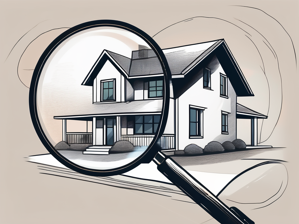 a house with a magnifying glass hovering over it, highlighting a contract document, hand-drawn abstract illustration for a company blog, white background, professional, minimalist, clean lines, faded colors