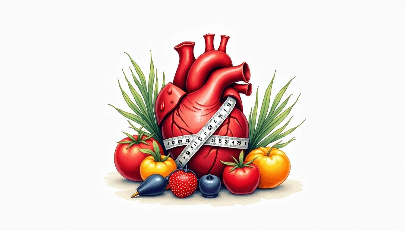 an abstract representation of a heart intertwined with a measuring tape and a blood pressure cuff, surrounded by vibrant fruits and vegetables, symbolizing the balance between managing blood pressure and weight, hand-drawn abstract illustration for a company blog, white background, professional, minimalist, clean lines, faded colors