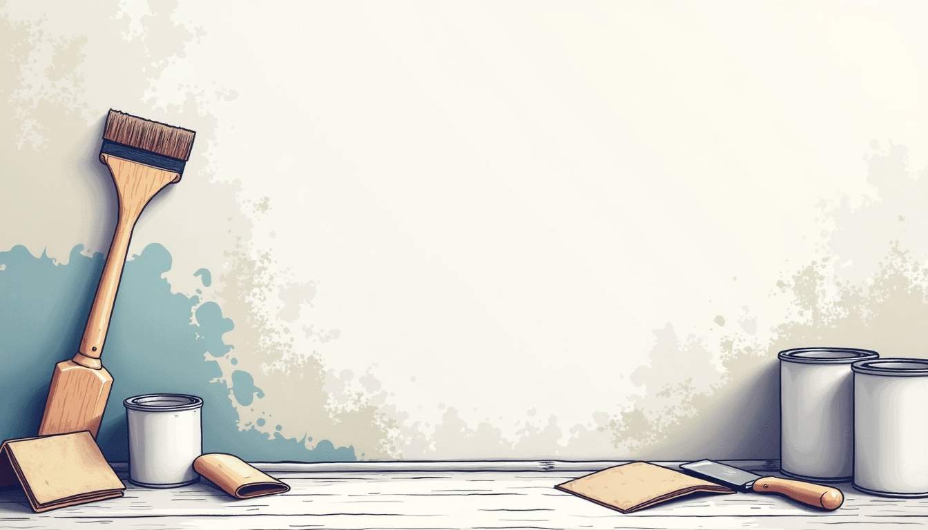 an array of painting tools and materials, such as sandpaper, scrapers, primer, and paint cans, arranged around a textured wall surface that showcases both rough and smooth areas, highlighting the importance of surface preparation in painting, hand-drawn abstract illustration for a company blog, white background, professional, minimalist, clean lines, faded colors