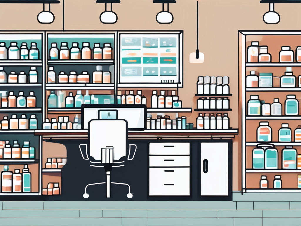 a pharmacy counter with various prescription medication bottles, a pill dispenser, and a computer, to depict the process of prescription refills, hand-drawn abstract illustration for a company blog, white background, professional, minimalist, clean lines, faded colors
