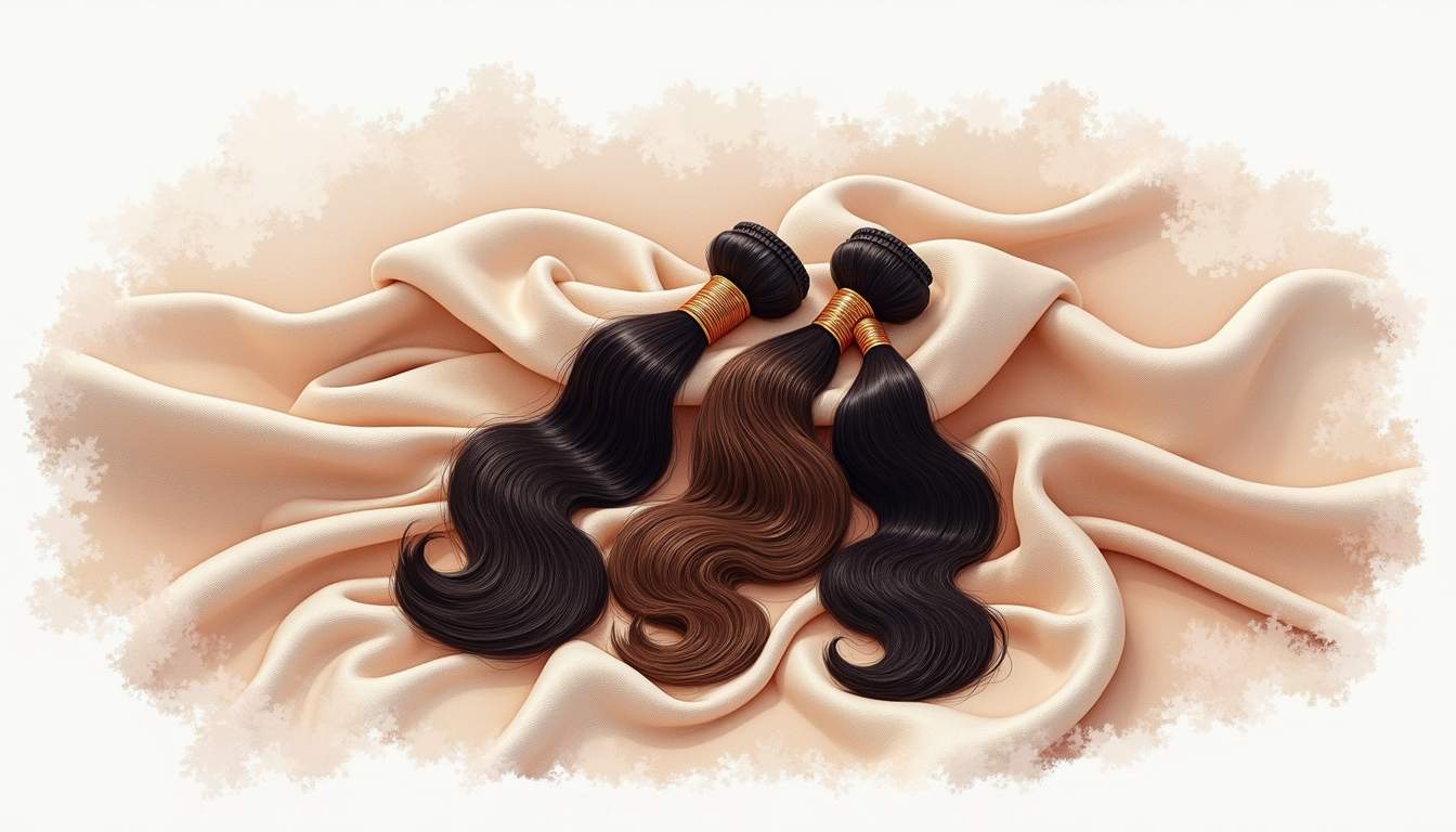 an elegant display of luxurious human hair bundles arranged artistically on a soft, textured fabric background, emphasizing the rich colors and natural shine of the hair, hand-drawn abstract illustration for a company blog, white background, professional, minimalist, clean lines, faded colors