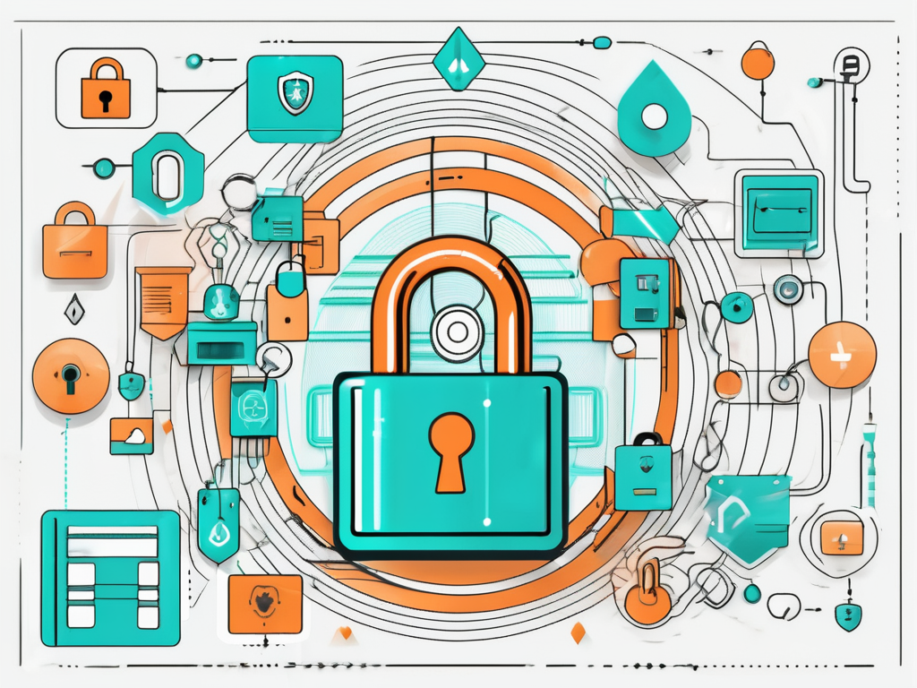 a secured PDF document with a padlock symbol on it, surrounded by various digital icons representing security features, hand-drawn abstract illustration for a company blog, white background, professional, minimalist, clean lines, pastel orange and turquoise