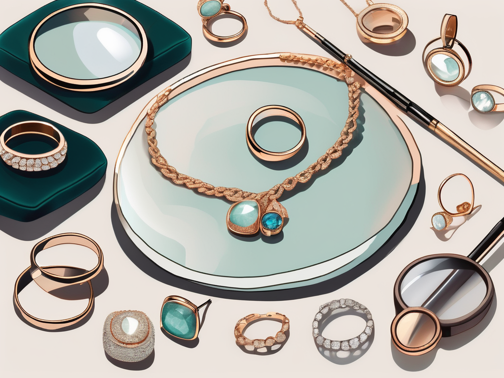 various types of jewelry such as rings, necklaces, and earrings placed on a velvet cushion with a magnifying glass and a jeweler's scale nearby, hand-drawn abstract illustration for a company blog, white background, professional, minimalist, clean lines, faded colors