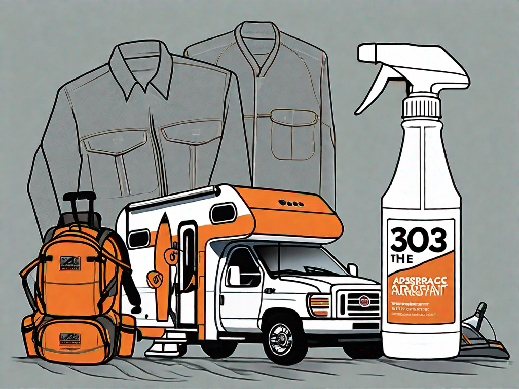 the 303 Aerospace Protectant product in a spray bottle, surrounded by various outdoor gear like a boat, RV, and patio furniture, all under a protective, glowing shield to signify the protectant's effect, hand-drawn abstract illustration for a company blog, white background, professional, minimalist, clean lines, faded colors