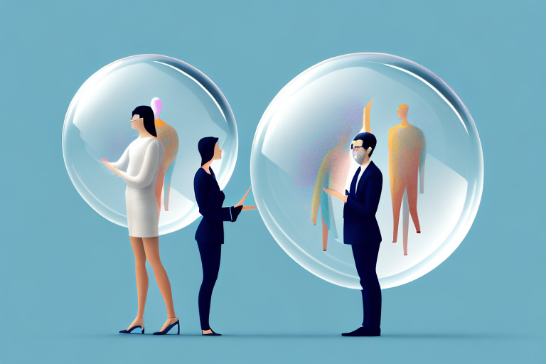 two people standing side-by-side, each holding a large, transparent bubble around them, hand-drawn abstract illustration for a company blog, in style of corporate memphis, faded colors, white background, professional, minimalist, clean lines