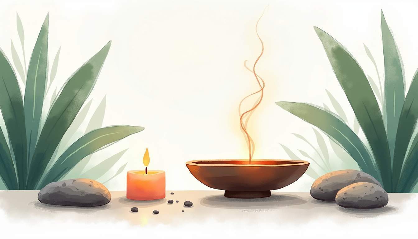 a serene meditation space featuring a softly glowing incense holder with wisps of fragrant smoke rising, surrounded by calming elements like a softly lit candle, smooth stones, and lush green plants, all set against a tranquil backdrop, hand-drawn abstract illustration for a company blog, white background, professional, minimalist, clean lines, faded colors