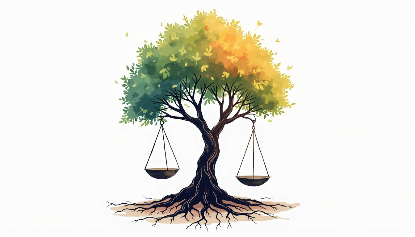 an abstract representation of a tree with sturdy roots symbolizing asset protection, intertwined with vibrant, upward-reaching branches and leaves that depict growth opportunities, set against a backdrop of a balanced scale to convey stability and harmony, hand-drawn abstract illustration for a company blog, white background, professional, minimalist, clean lines, faded colors