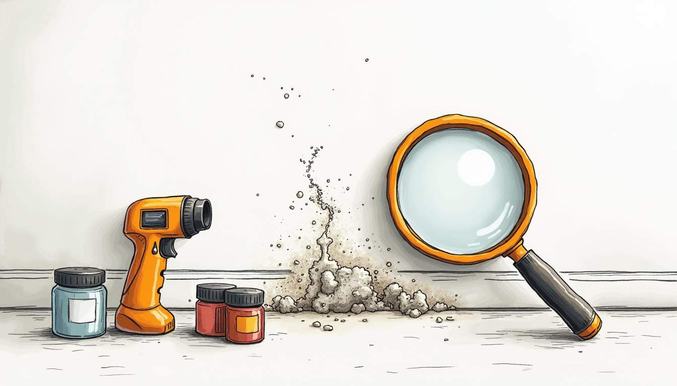 a magnifying glass inspecting a section of wall with visible mold growth, surrounded by a few tools like a moisture meter and a sample collection kit, all set against a subtle background of a home interior, hand-drawn abstract illustration for a company blog, white background, professional, minimalist, clean lines, #004c4c colour scheme