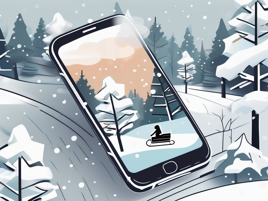 a smartphone displaying a snowflake icon, surrounded by various winter elements like snow-covered trees and a sled, implying the receipt of a snow day alert, hand-drawn abstract illustration for a company blog, white background, professional, minimalist, clean lines, faded colors