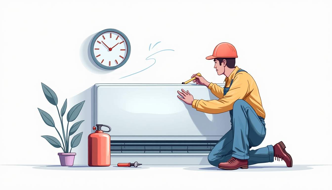 an air conditioning unit with a service technician's tools and a gas canister nearby, set in a clean, modern environment, highlighting the process of an AC gas top-up, hand-drawn abstract illustration for a company blog, white background, professional, minimalist, clean lines, faded colors